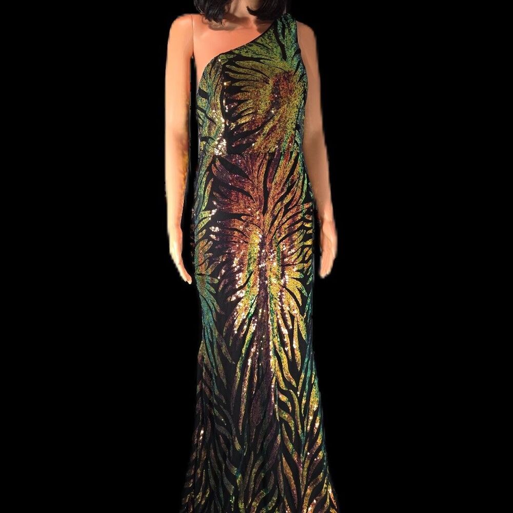 Giffniseti Holographic One-Shoulder Sequin Gown — Size L NWT
